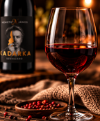 A glass of red wine in the foreground with a bottle of Nemeth Janos Kadarka Szekszárd wine in the background, styled on a rustic wooden surface with burlap and a small bowl of red berries.