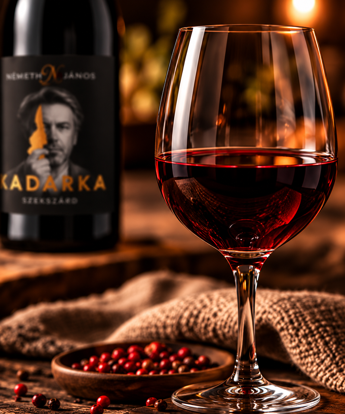 A glass of red wine in the foreground with a bottle of Nemeth Janos Kadarka Szekszárd wine in the background, styled on a rustic wooden surface with burlap and a small bowl of red berries.