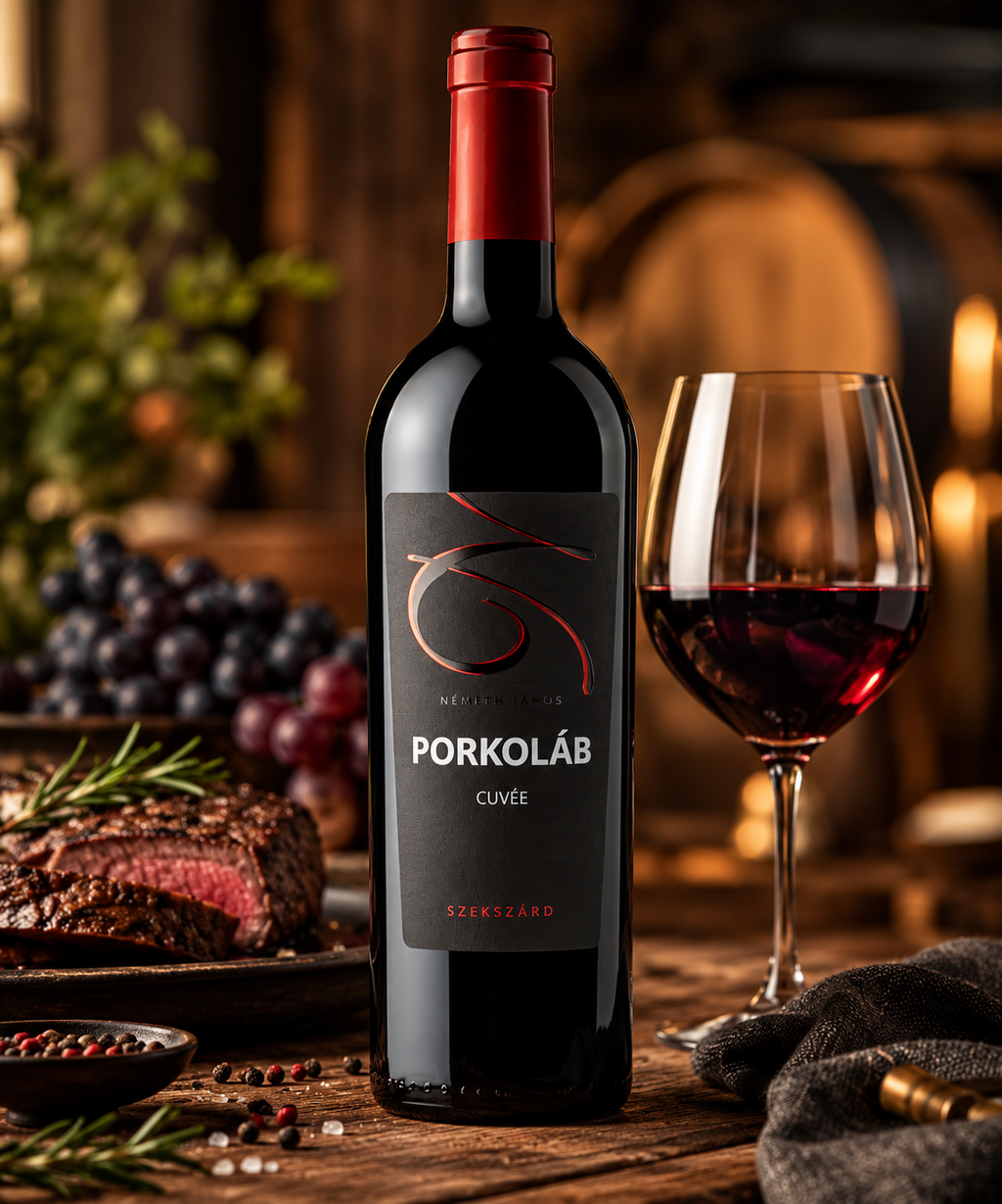 Porkoláb Cuvée Hungarian red wine bottle beside a glass of red wine and steak