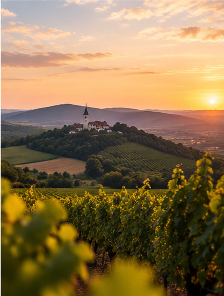 Sunset vineyard landscape representing Hungarian wine country