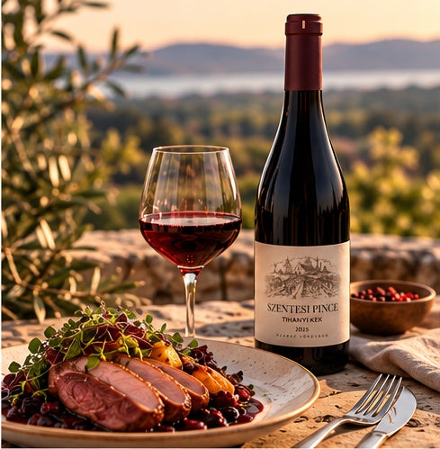 Szentesi Tihanyi Kék 2025 red wine served with duck