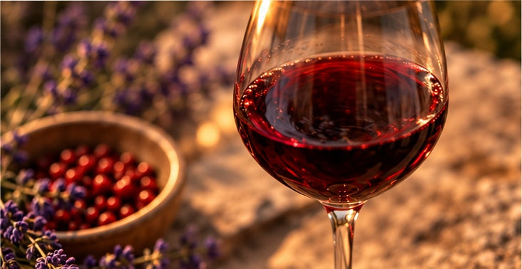 Glass of ruby red wine with lavender and red berries