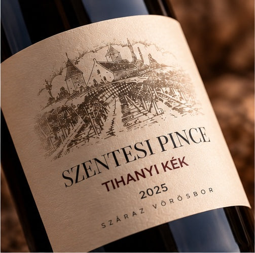 Close-up of Szentesi Tihanyi Kék 2025 wine label