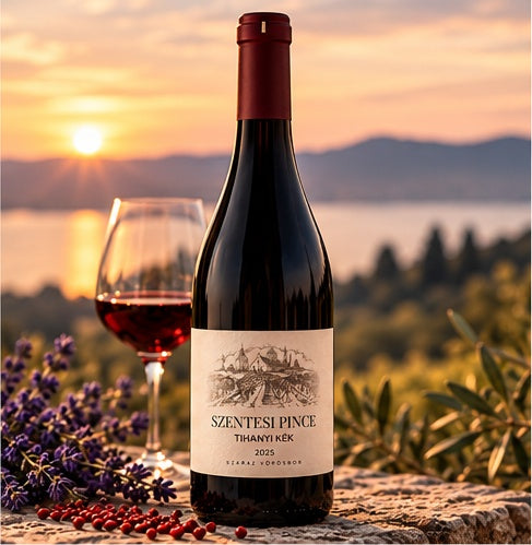 Szentesi Tihanyi Kék 2025 red wine bottle with a glass of wine at sunset