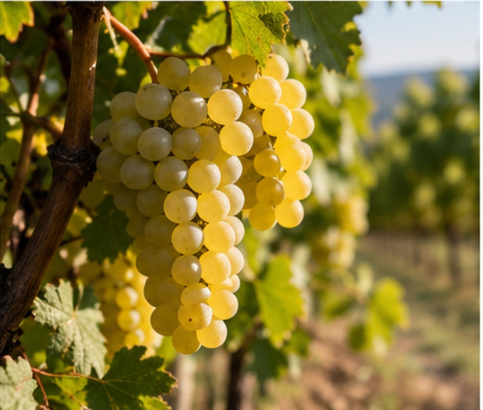 White wine grapes in a sunlit Hungarian vineyard