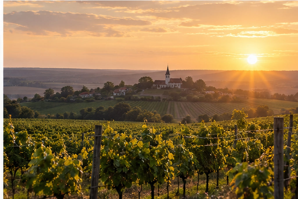 Golden hour vineyard landscape representing Etyek-Buda Hungary